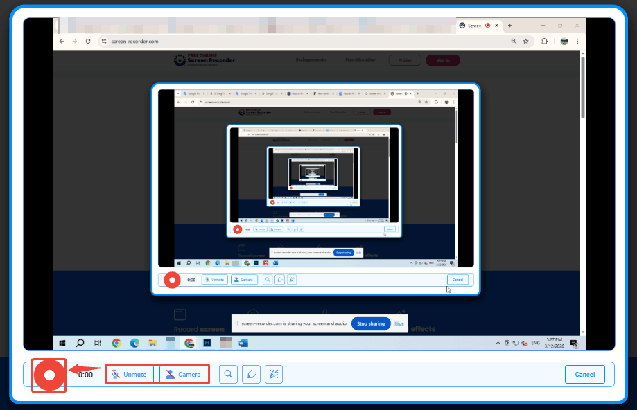 Free Online Screen Recorder recording page showing whether to complete settings and begin recording.