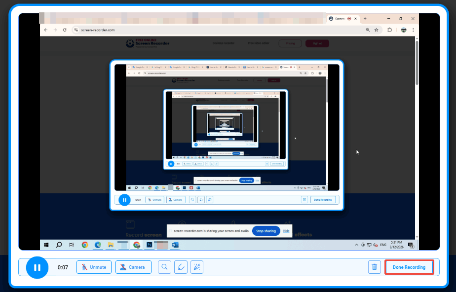 Free Online Screen Recorder recording page with the Done Recording button selected.