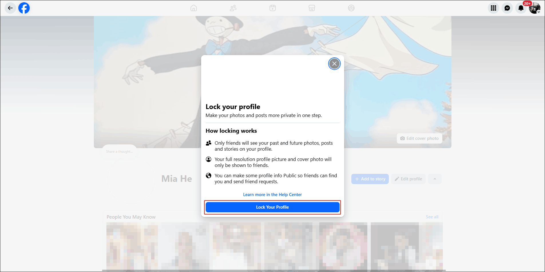 Facebook Lock your profile dialog box with the Lock Your Profile option selected.
