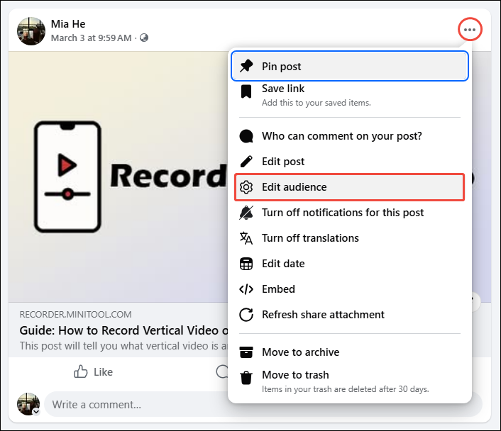 Facebook post with the more icon and the Edit audience option selected.