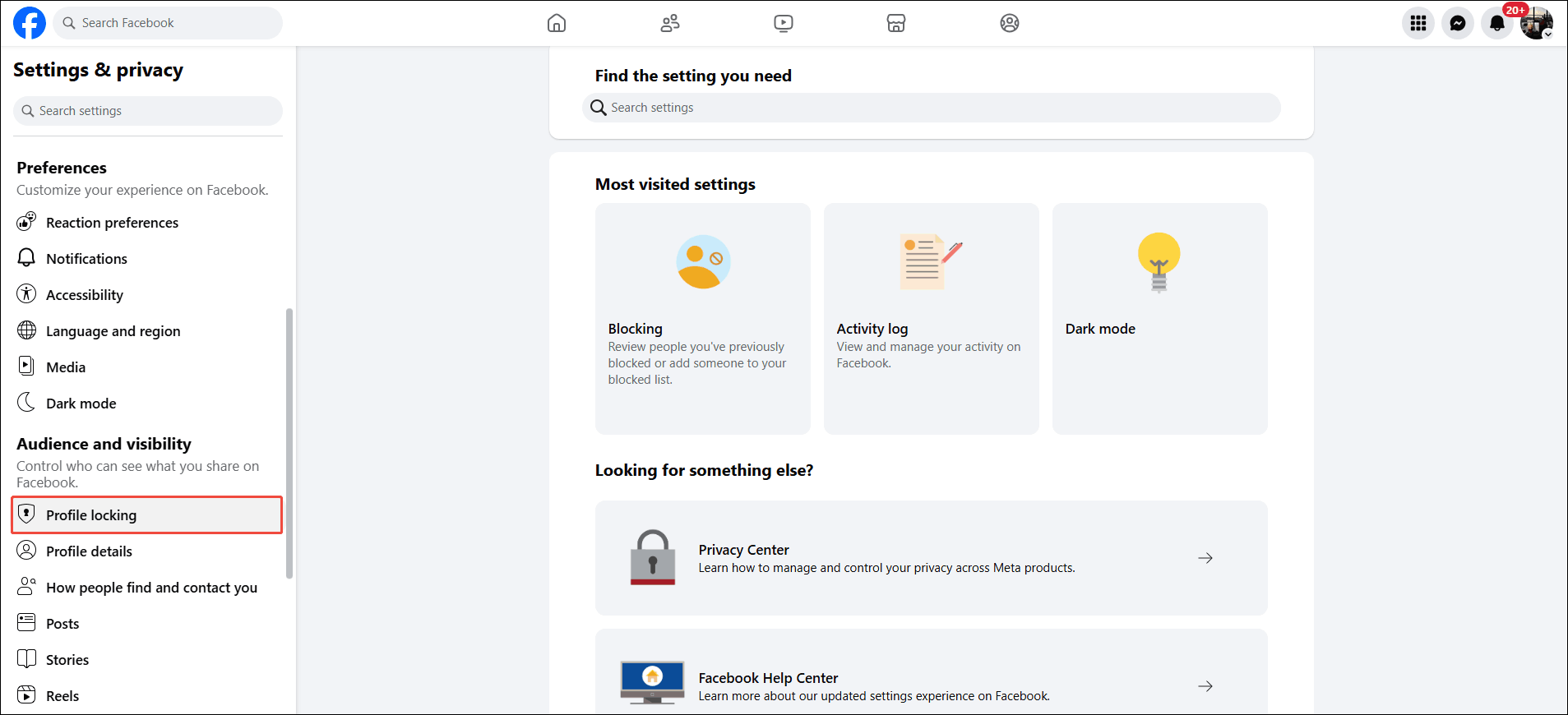 Facebook Settings and privacy page with the Profile locking option selected on the left column.