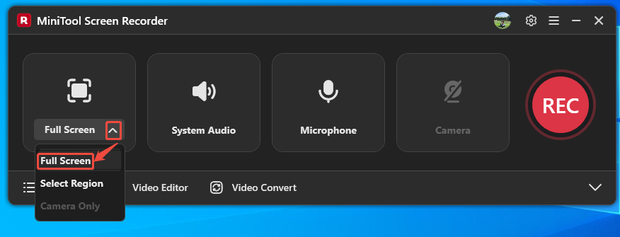MiniTool Screen Recorder interface with the Full Screen option selected.