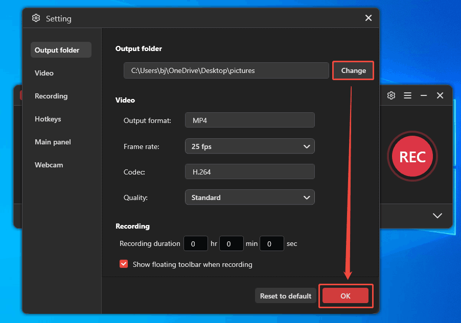 MiniTool Screen Recorder Setting window with the Change button and the OK button selected.
