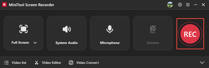 MiniTool Screen Recorder interface with the REC button selected.