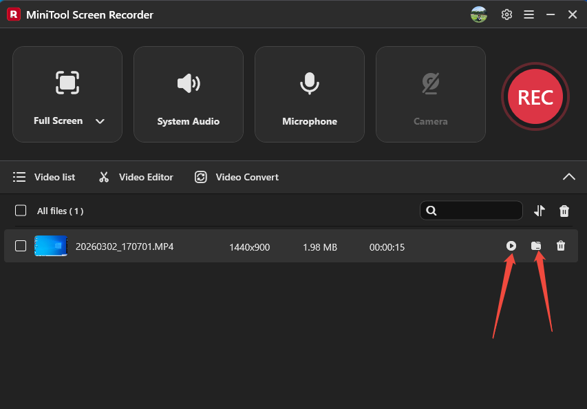 MiniTool Screen Recorder Video list tab with the Play icon and the Folder icon selected.