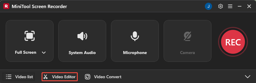 MiniTool Screen Recorder interface with the Video Editor option selected.