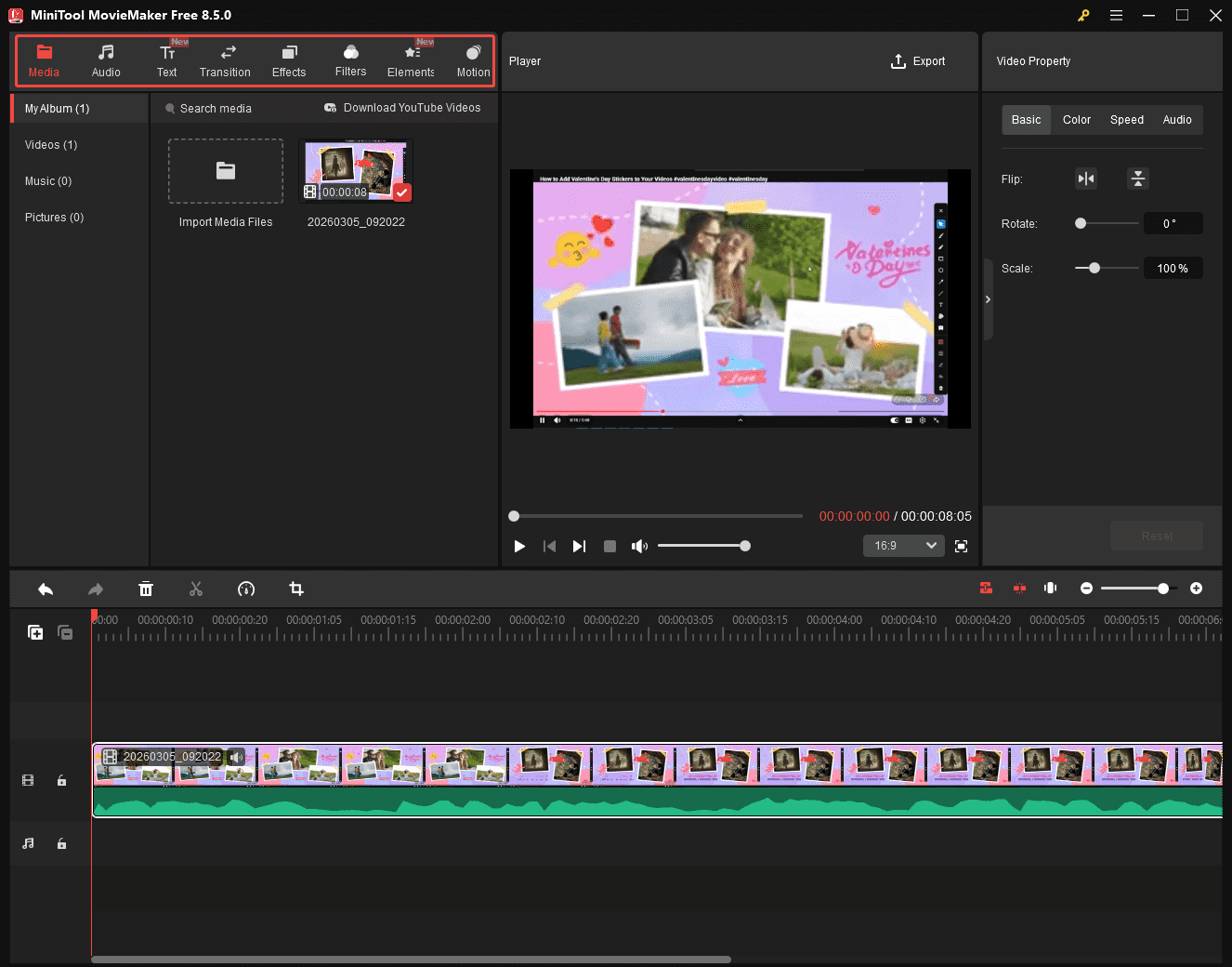 MiniTool MovieMaker interface with the Media menu bar selected.