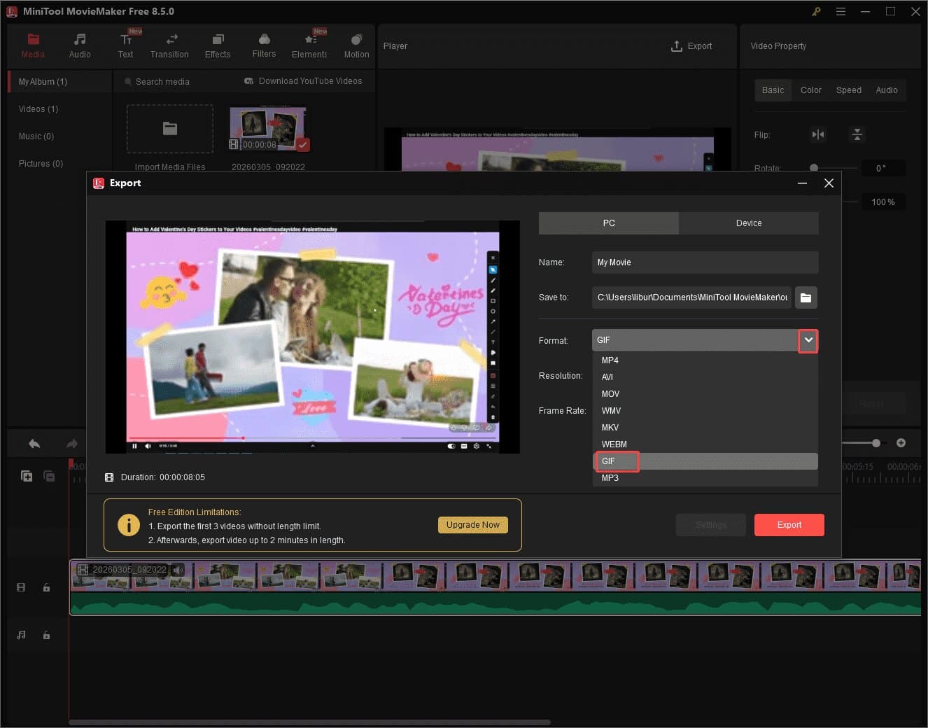 MiniTool MovieMaker exported interface with the format selection expanded.