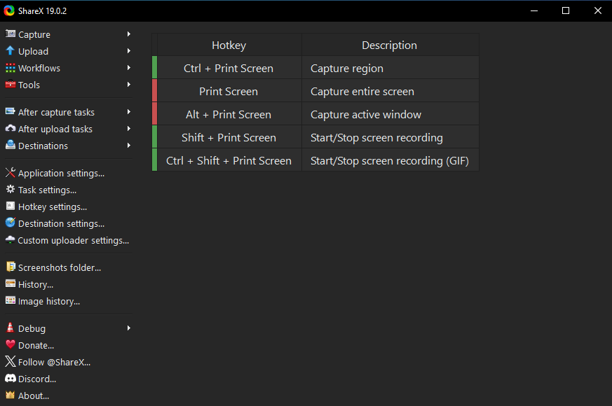 The main interface of ShareX.
