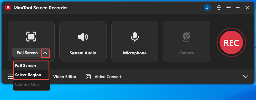 MiniTool Screen Recorder interface with the recording area selection expanded.