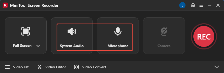 MiniTool Screen Recorder interface with the System Audio icon and the Microphone icon selected.