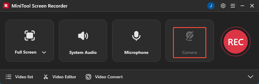 MiniTool Screen Recorder interface with the Camera icon selected.