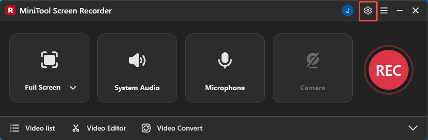 MiniTool Screen Recorder interface with the Settings icon selected.