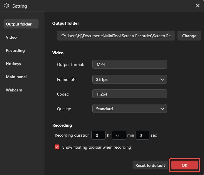 MiniTool Screen Recorder Settings interface with the OK button selected.