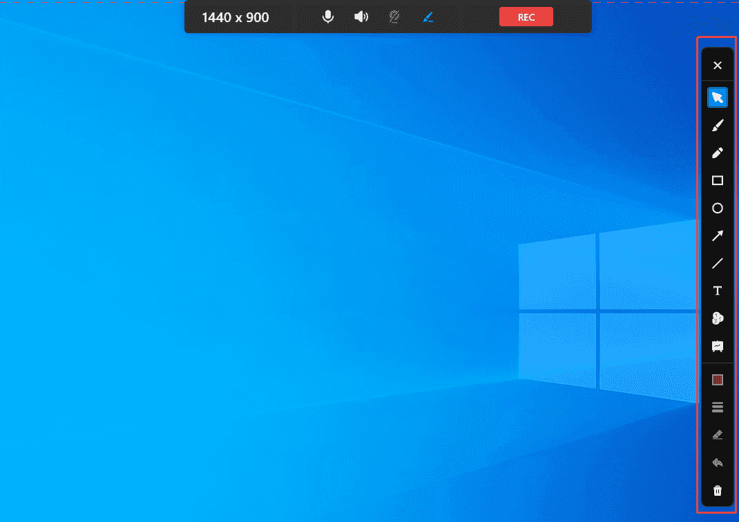 MiniTool Screen Recorder interface with the annotation toolbar selected.