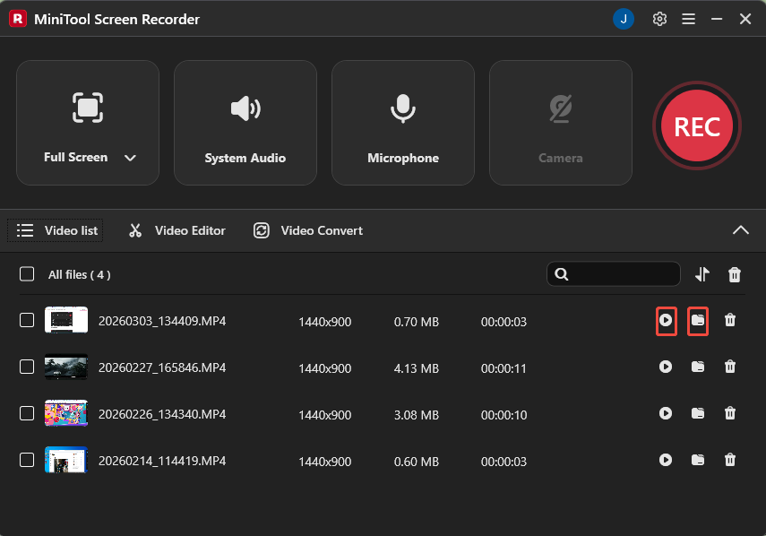 MiniTool Screen Recorder interface with the play icon and folder icon selected under the Video list section.