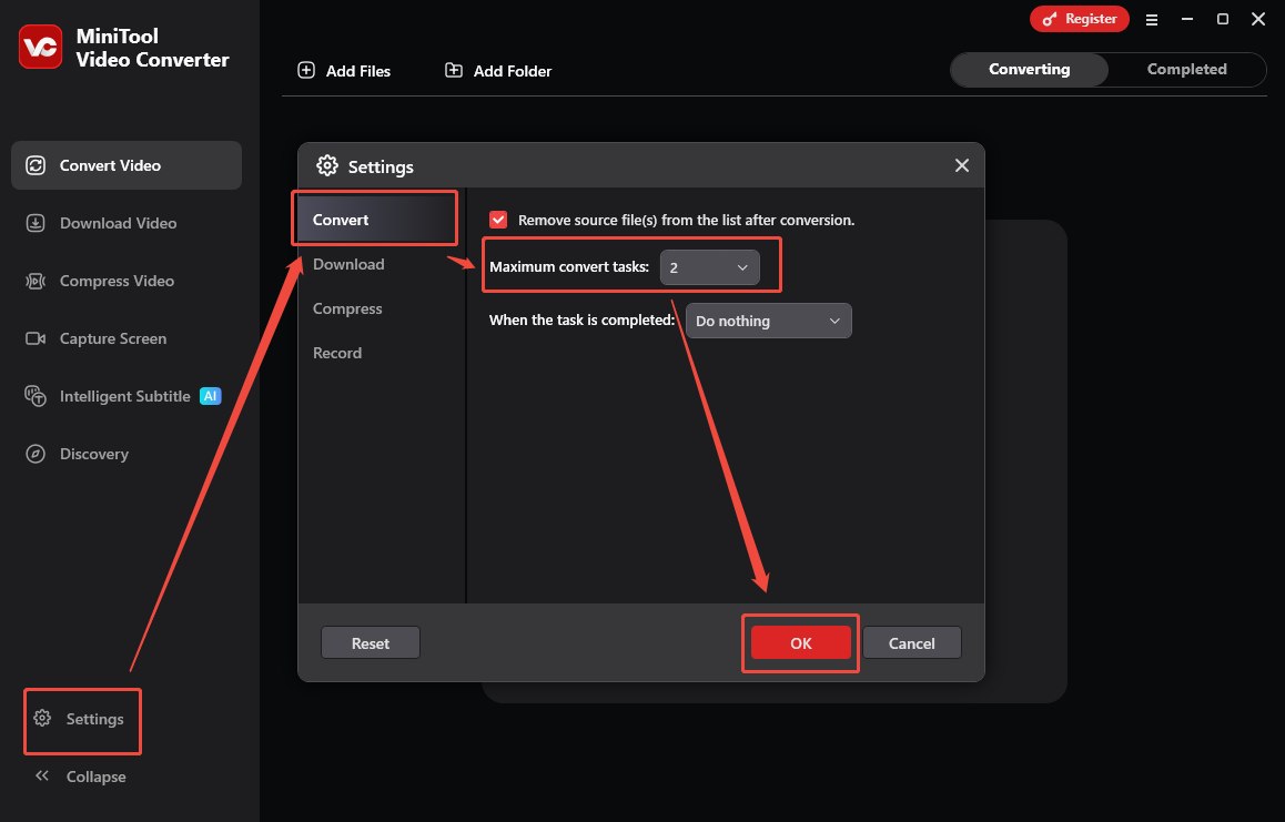MiniTool Video Converter interface that shows how to customize the maximum conversion tasks.
