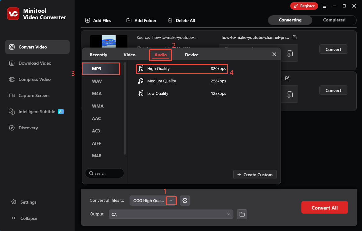 MiniTool Video Converter that shows how to set MP3 High Quality as the output format.