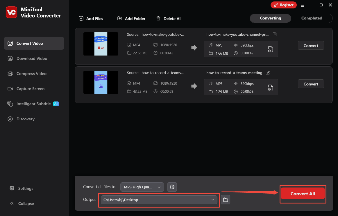 MiniTool Video Converter interface with the Output option and Convert All button selected.