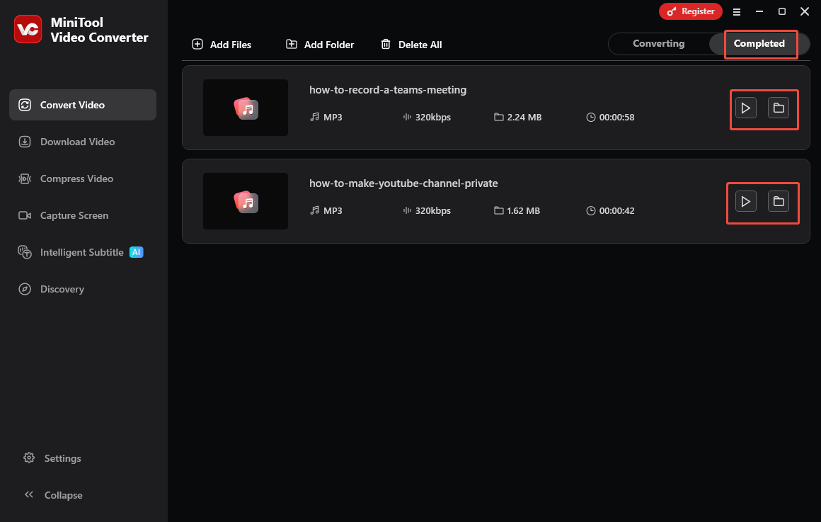 MiniTool Video Converter interface with the Play and Folder icons selected under the Completed section.