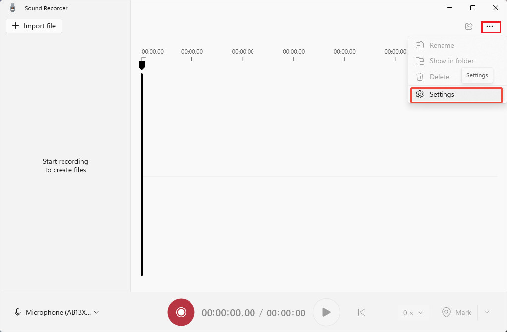 Windows Sound Recorder interface with the More icon and Settings option selected.