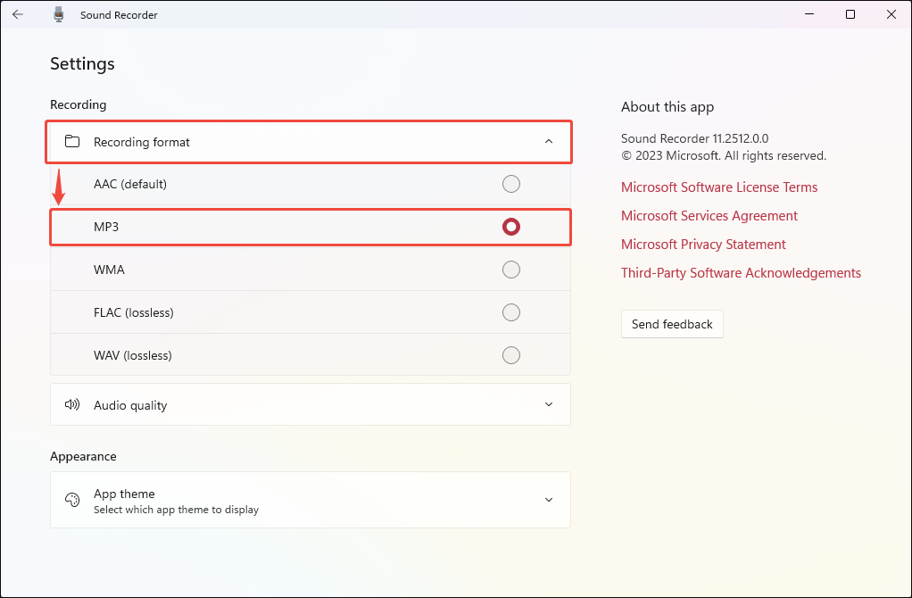 Windows Sound Recorder interface with the Recording format option expanded and MP3 selected.
