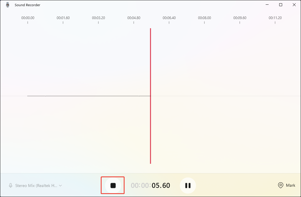 Windows Sound Recorder interface with the Stop option selected to end the recording.