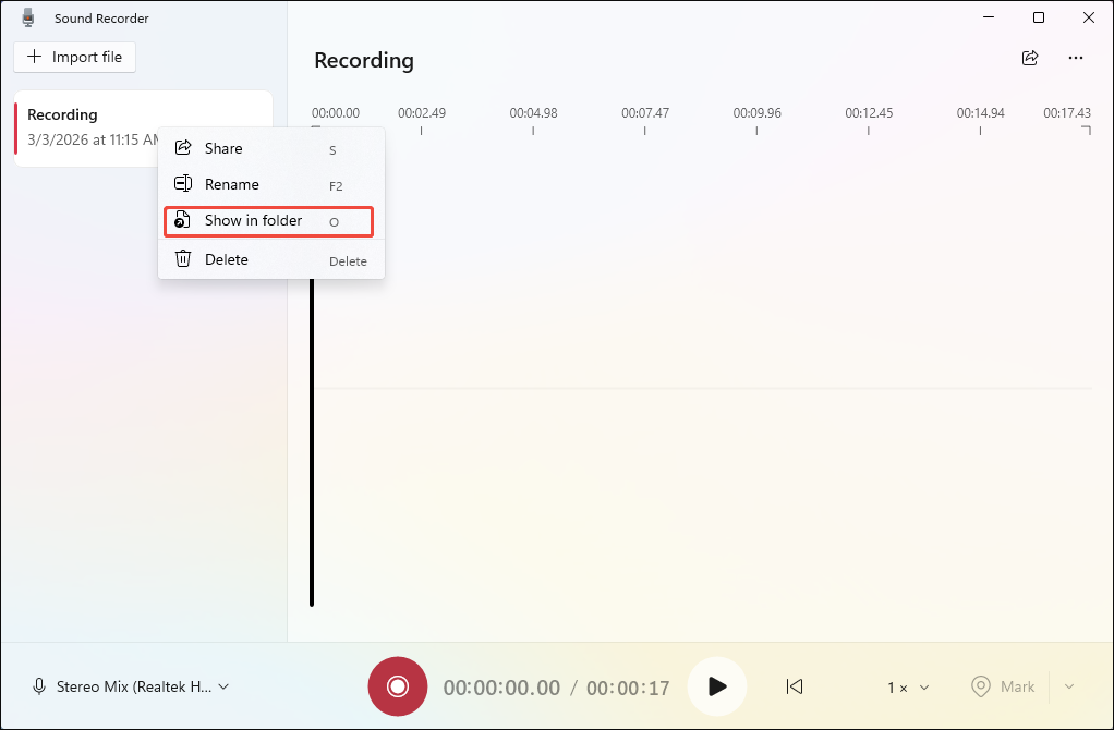 Windows Sound Recorder interface with the Show in folder option selected to locate the output file.