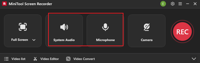 MiniTool Screen Recorder interface with the System Audio icon and Microphone icon selected.