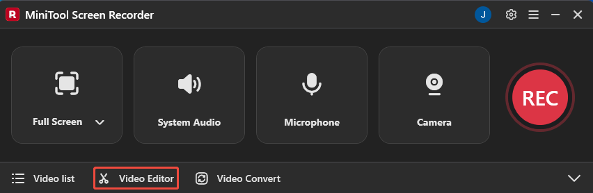MiniTool Screen Recorder interface with the Video Editor option selected.