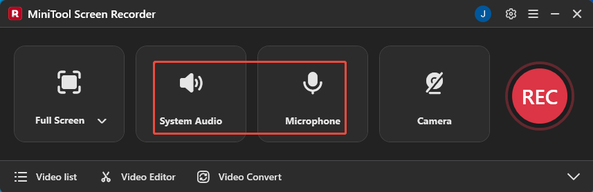 MiniTool Screen Recorder interface with the System Audio icon and the Microphone icon selected.