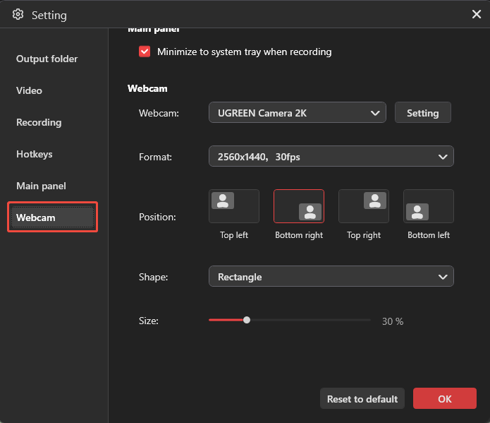 The Settings interface of MiniTool Screen Recorder with the Webcam option selected.