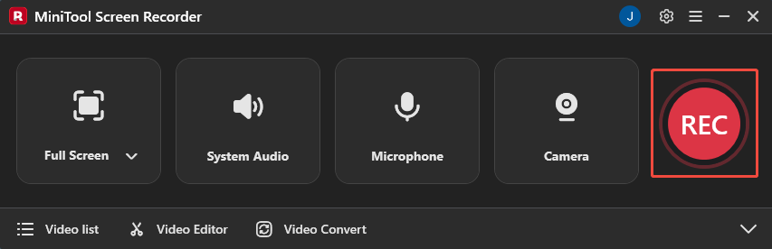 MiniTool Screen Recorder interface with the REC button selected.