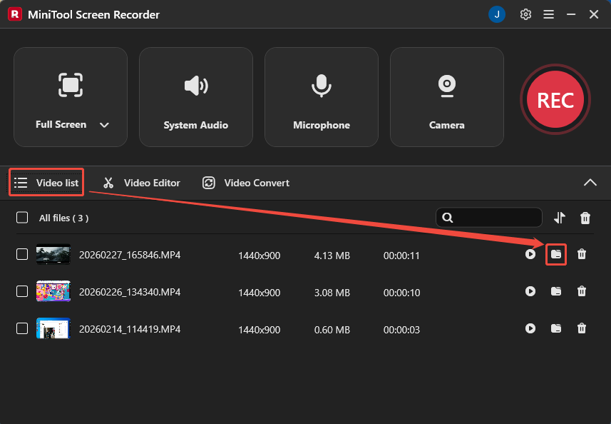 MiniTool Screen Recorder interface showing how to check the recorded game videos.