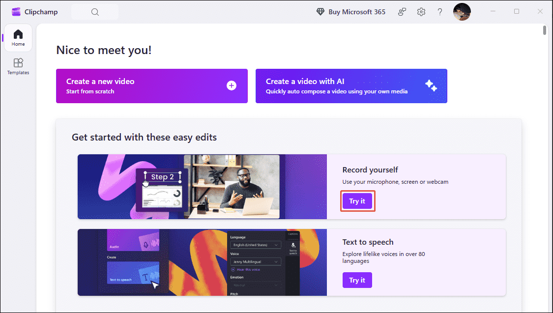 Clipchamp interface with the Try it option selected under the Record yourself section.