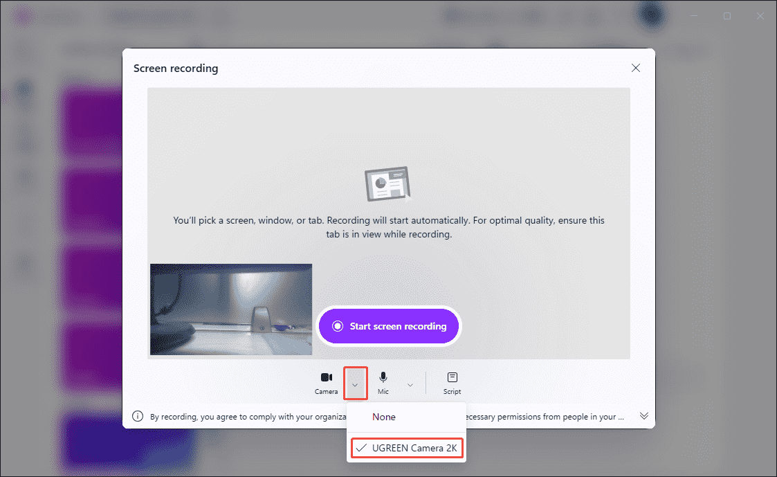Clipchamp interface with the camera recording selection expanded.