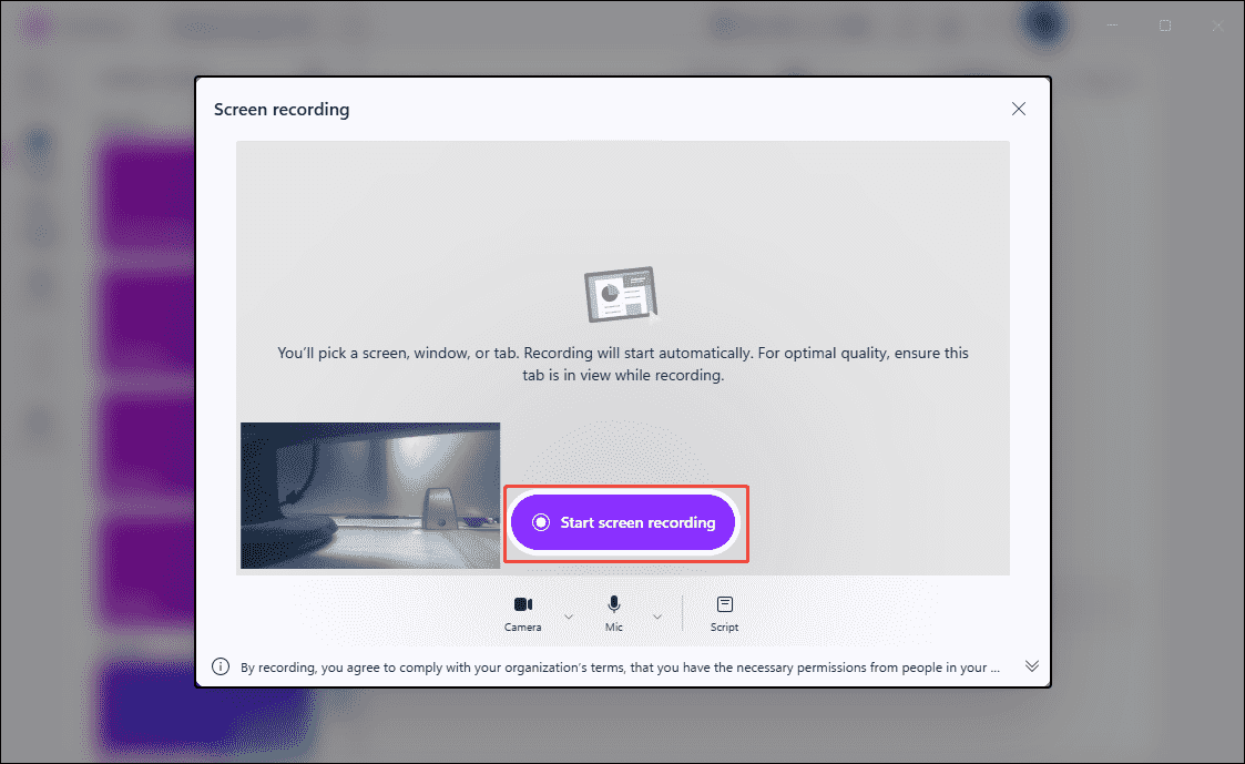 Clipchamp interface with the Start screen recording option selected.