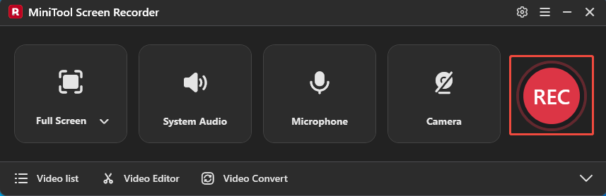 MiniTool Screen Recorder interface with the REC button selected.