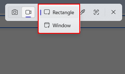 Snipping Tool interface with the recording area option expanded.