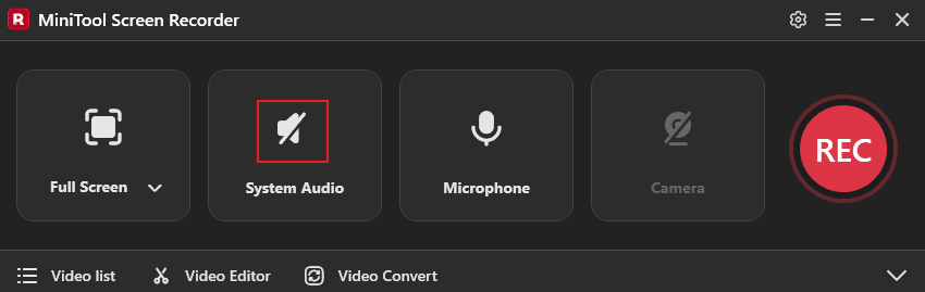 MiniTool Screen Recorder interface with the System Audio option turned off.