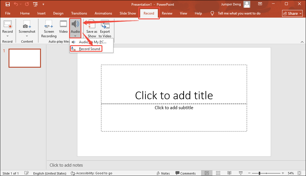 PowerPoint interface showing how to begin the audio recording.