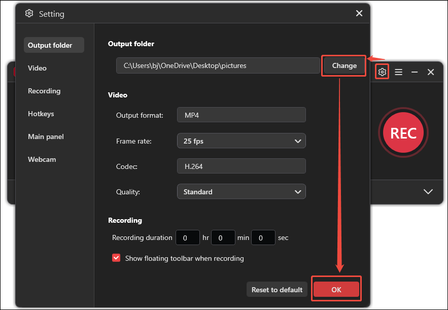 MiniTool Screen Recorder Setting window showing how to select a saving folder for the recorded audio.
