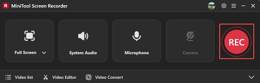 MiniTool Screen Recorder with the REC button selected.