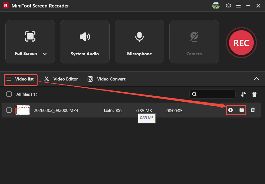 MiniTool Screen Recorder Video list tab with the Play icon and the Folder icon selected.