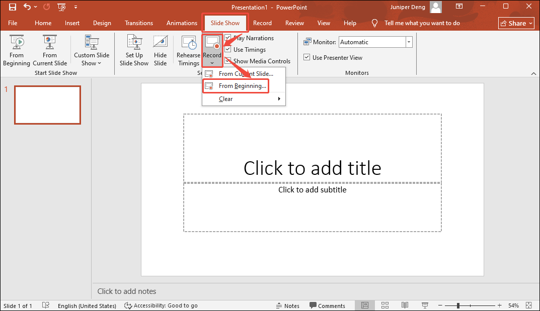 PowerPoint Slide Show tab showing how to choose audio recording for all slides.