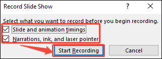 PowerPoint Record Slide Show window showing how to start recording.
