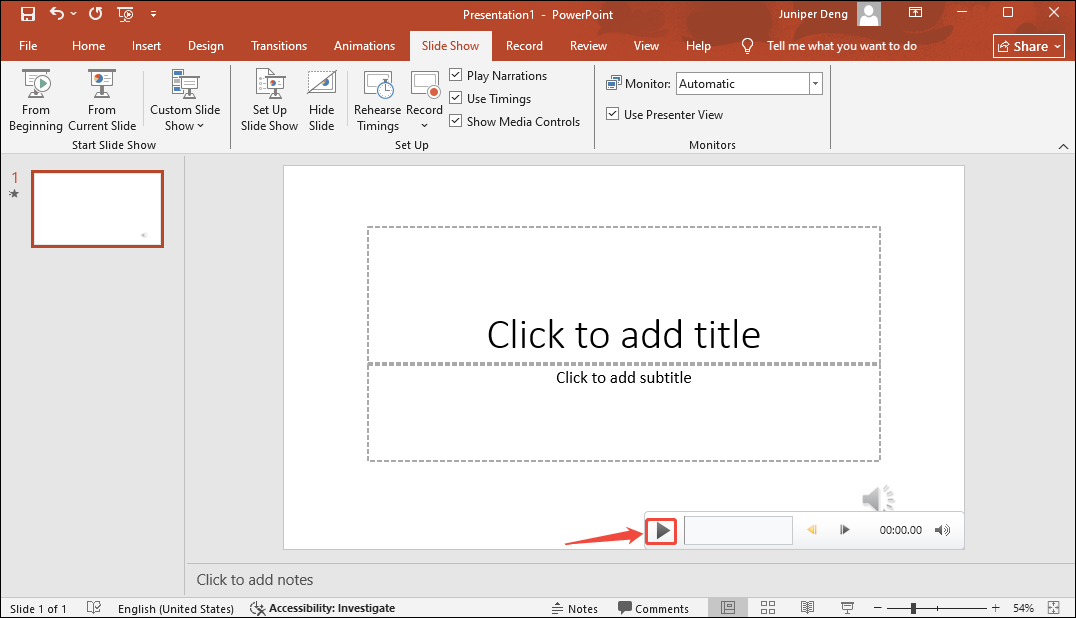 PowerPoint interface with the Play icon selected.