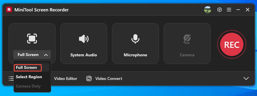 MiniTool Screen Recorder interface with the Full Screen option selected.