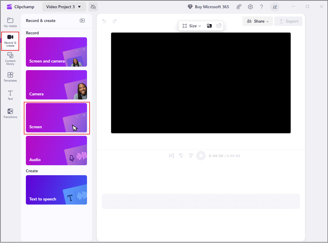 Microsoft Clipchamp interface with the Record & create option and the Screen option selected.