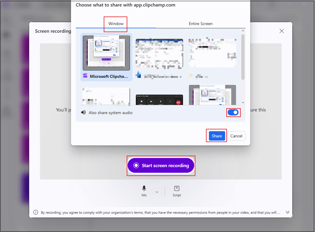 Microsoft Clipchamp interface showing how to choose the ChatGPT window and start recording.